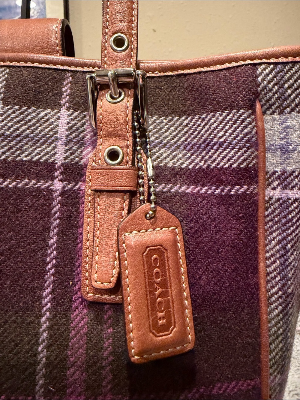 Vintage Coach Hampton Tartan Wool Tote Bag & Wristlet Set Purple Plaid EUC - Picture 4 of 16